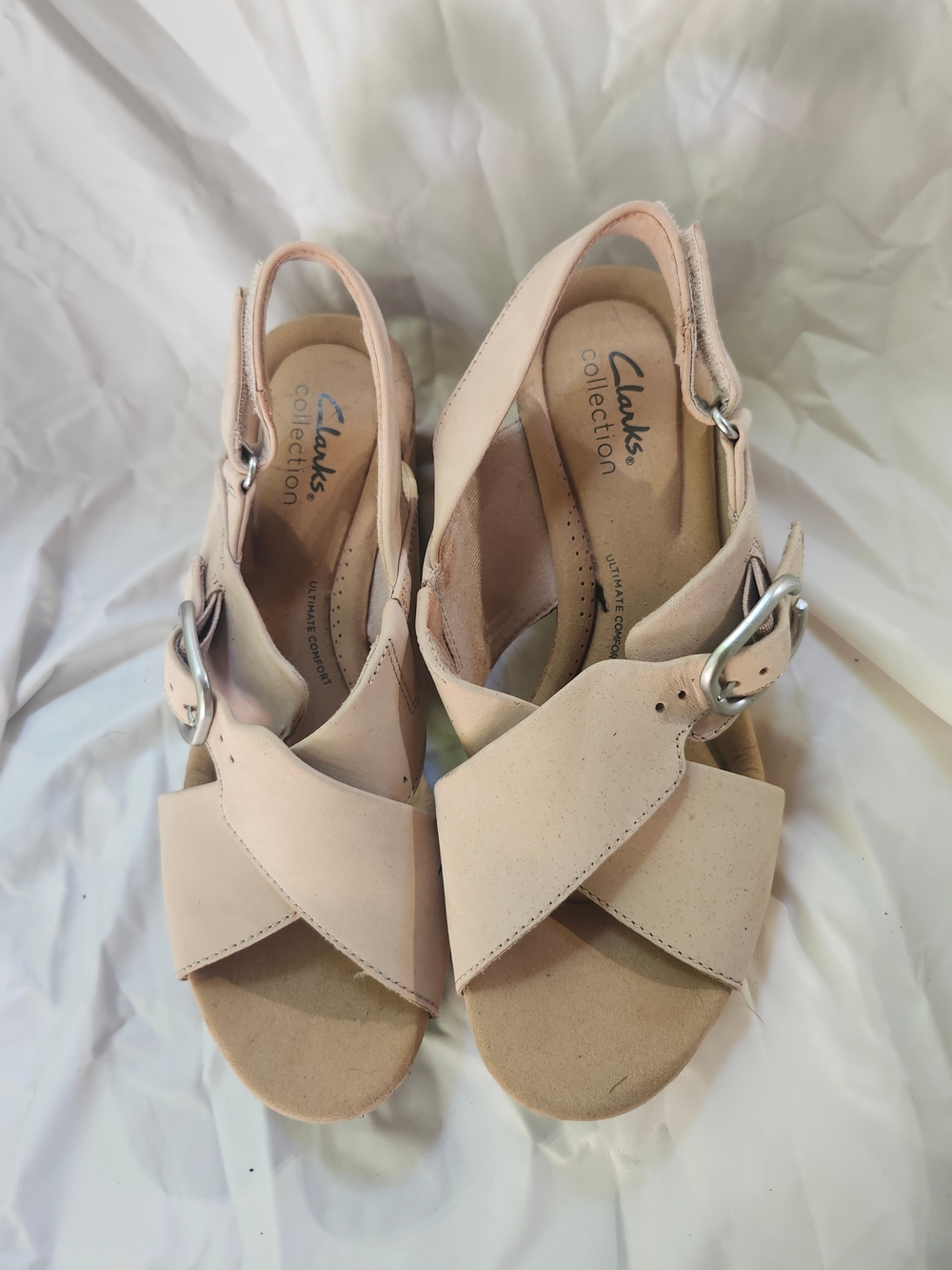 Clarks Soft Pink Crossover Leather Slingback Sandals